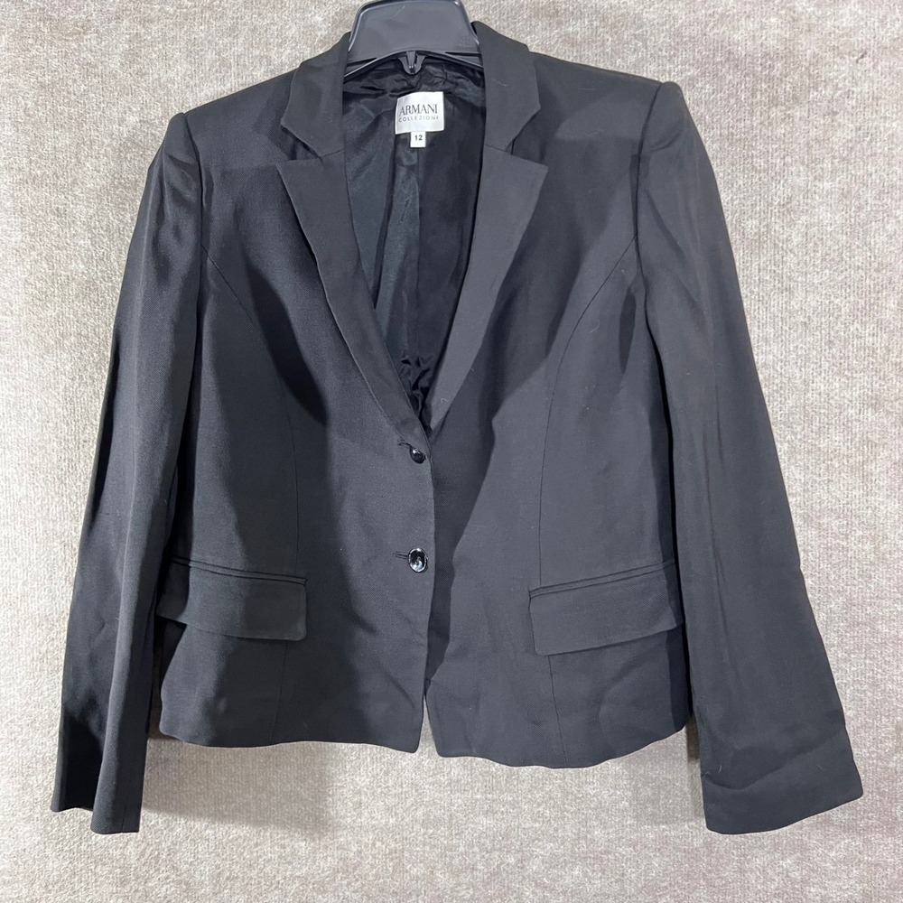 Armani Collezioni Blazer Women Size 12 Black Viscose Wool Blend Minimalist Luxe